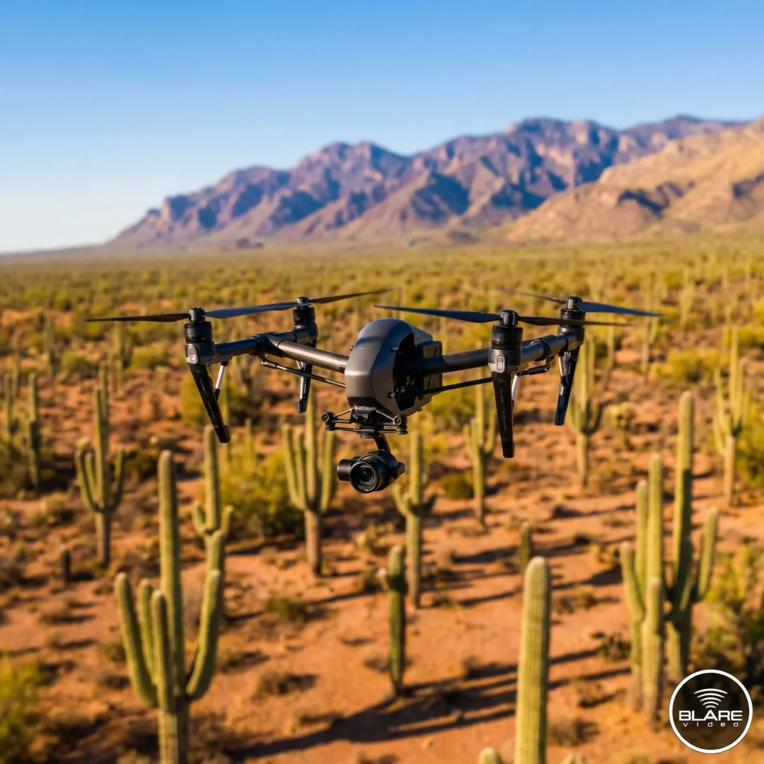 Aerial drone shot over Tucson desert landscape with mountains in background