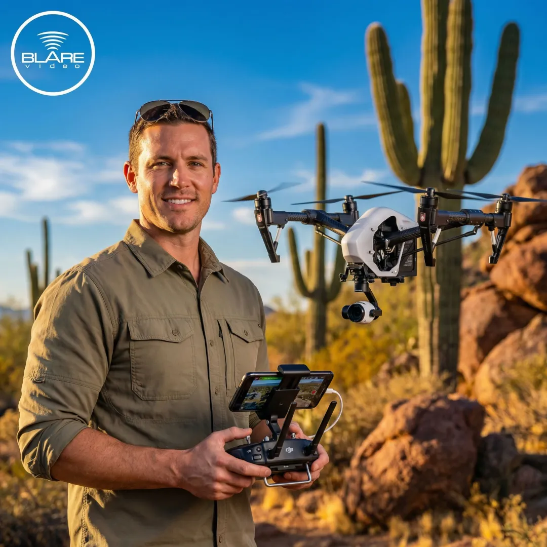 Drone pilot operating professional drone during aerial video shoot in Tucson