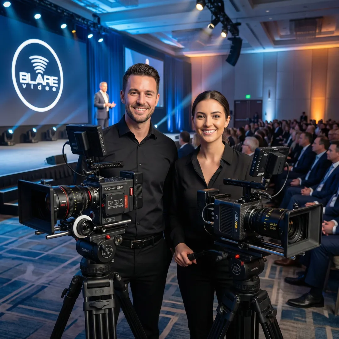 Professional video crew recording a corporate event with multi-camera setup