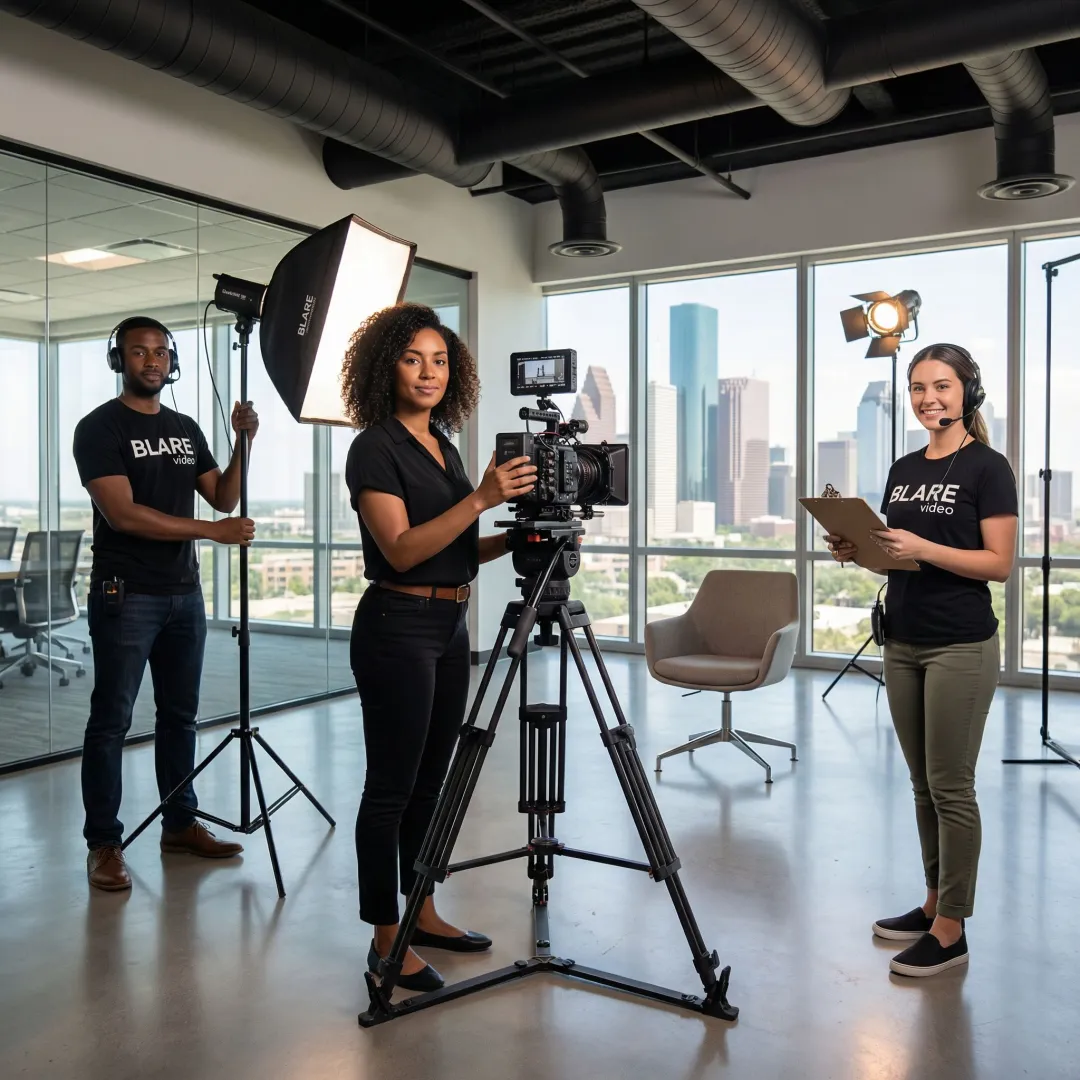 Corporate video production crew filming a professional interview in a Houston office
