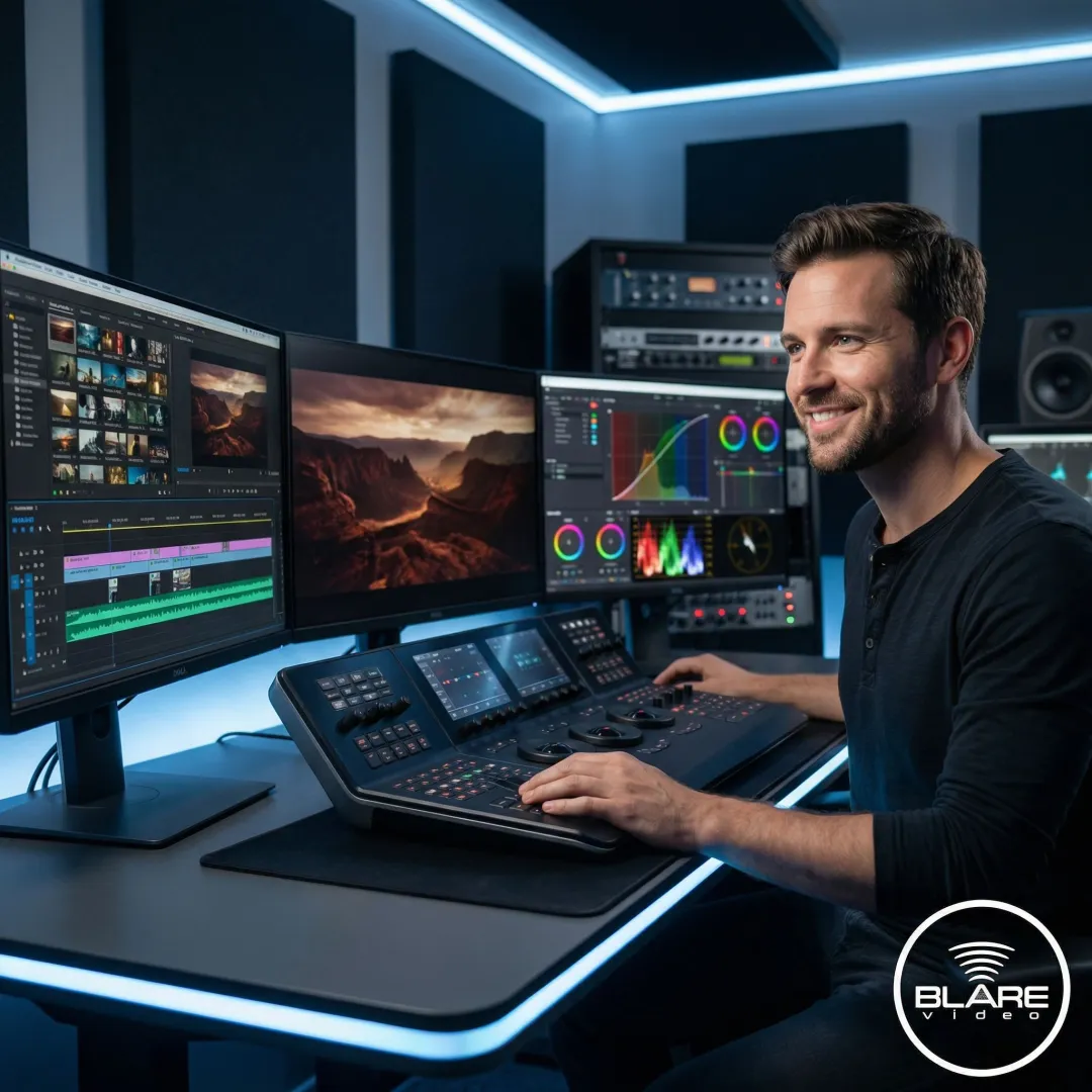Documentary video editor reviewing footage on a professional post-production workstation