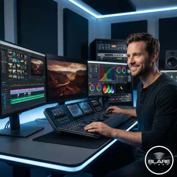 Documentary video editor reviewing footage on a professional post-production workstation