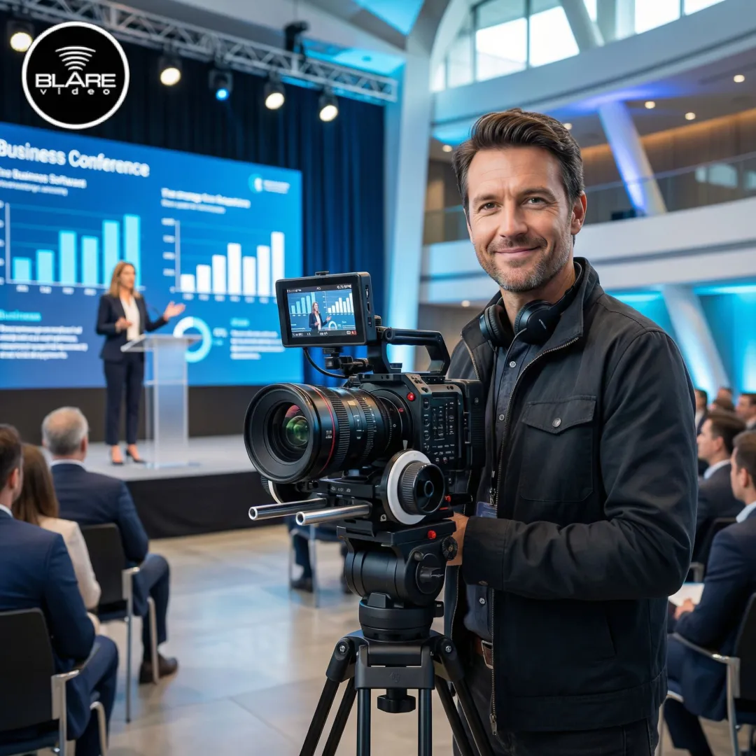 Videographer operating a cinema camera at a live corporate conference event