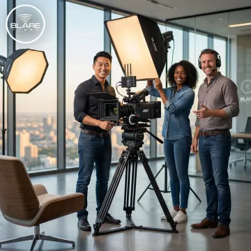 Corporate video production crew filming an executive interview in a modern San Francisco office