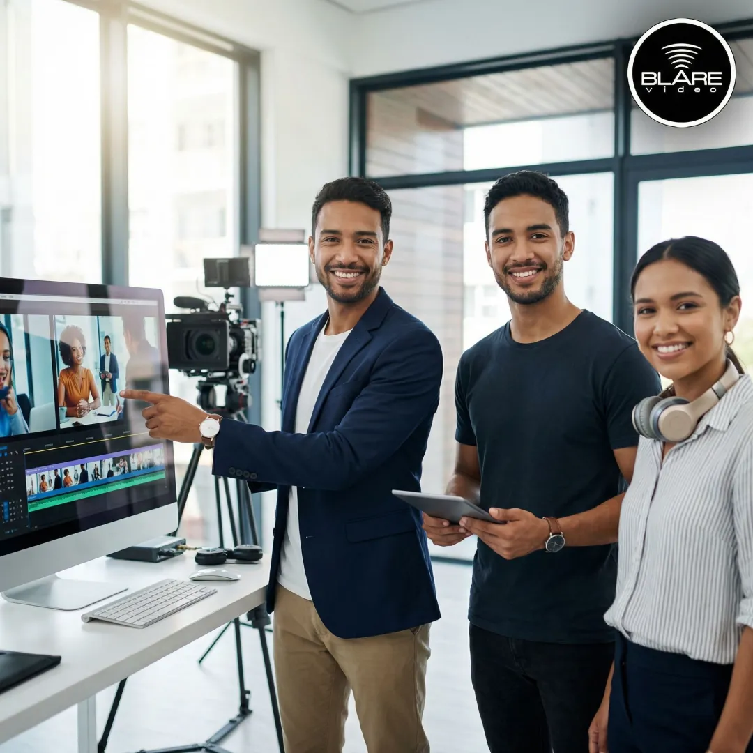 Video production team reviewing footage on a monitor during a corporate shoot