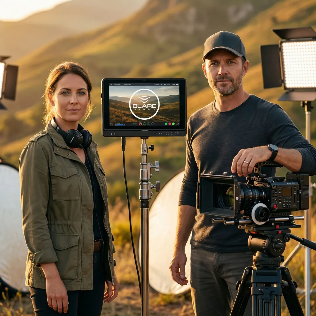 Documentary filmmaker reviewing cinematic footage on a monitor during production