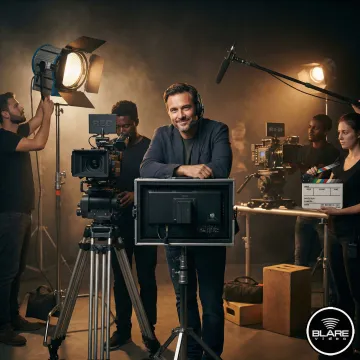 Professional film production crew on set with cinema cameras and lighting equipment