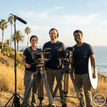 Professional video production crew filming on location in Orange County, CA