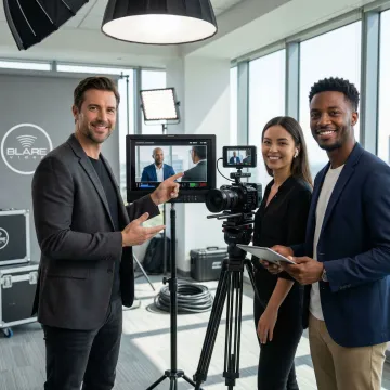Video production team reviewing footage on a monitor during a corporate shoot