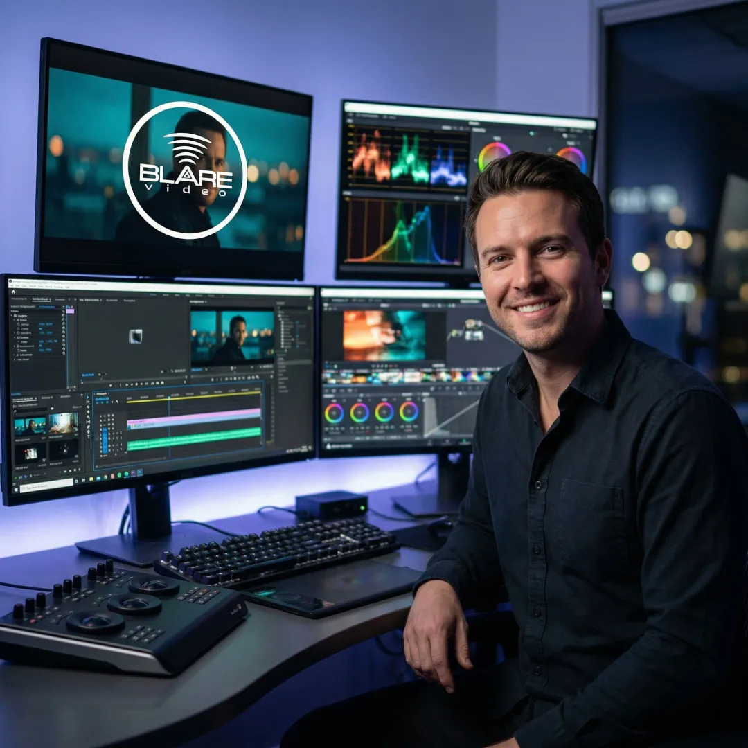 Post-production studio editor working on feature film footage with professional monitors