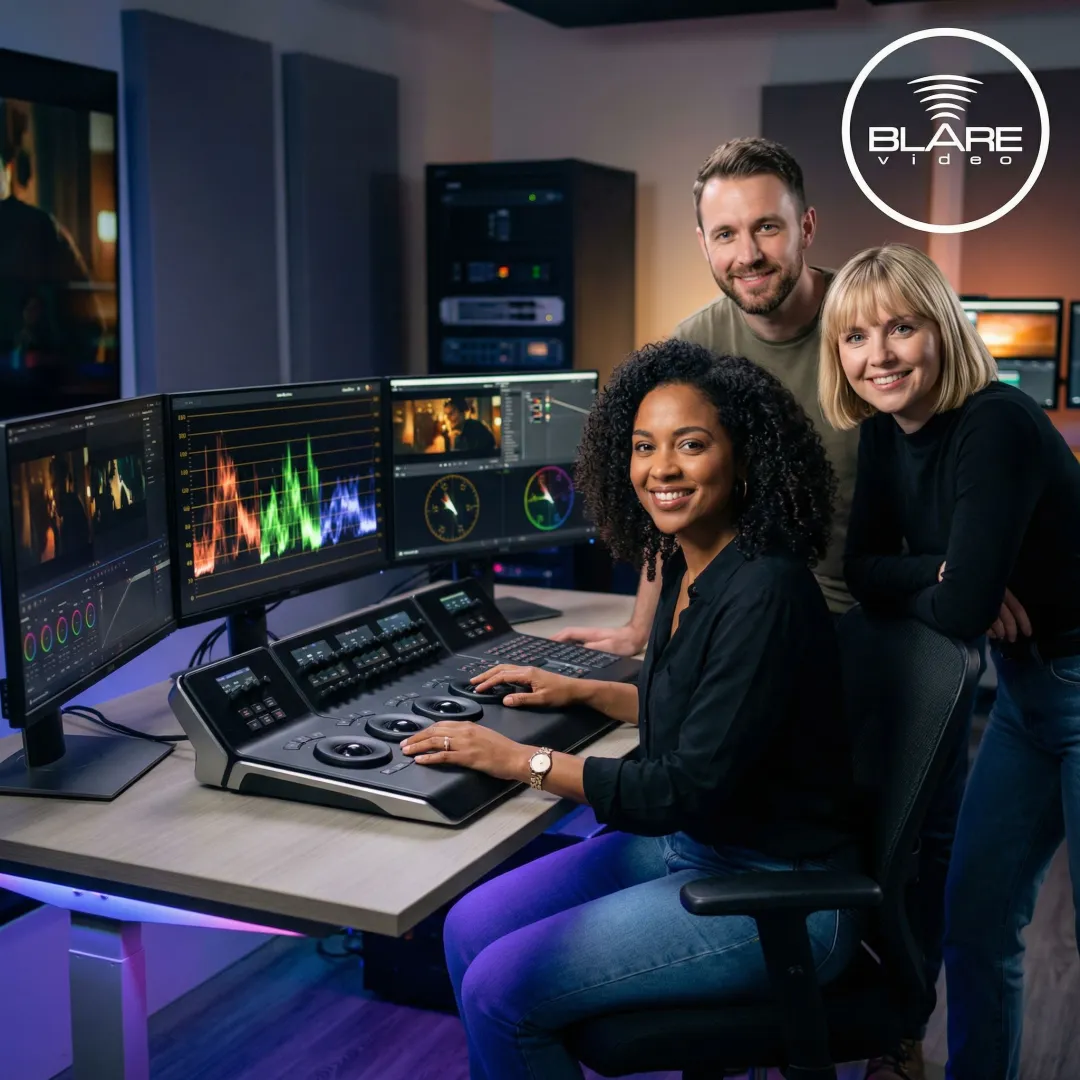 Post-production team reviewing color grading on a cinematic feature film timeline