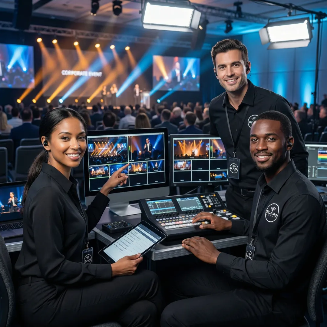 Video production team reviewing footage on monitors at a live event