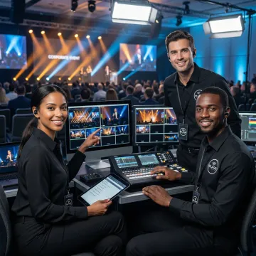 Video production team reviewing footage on monitors at a live event