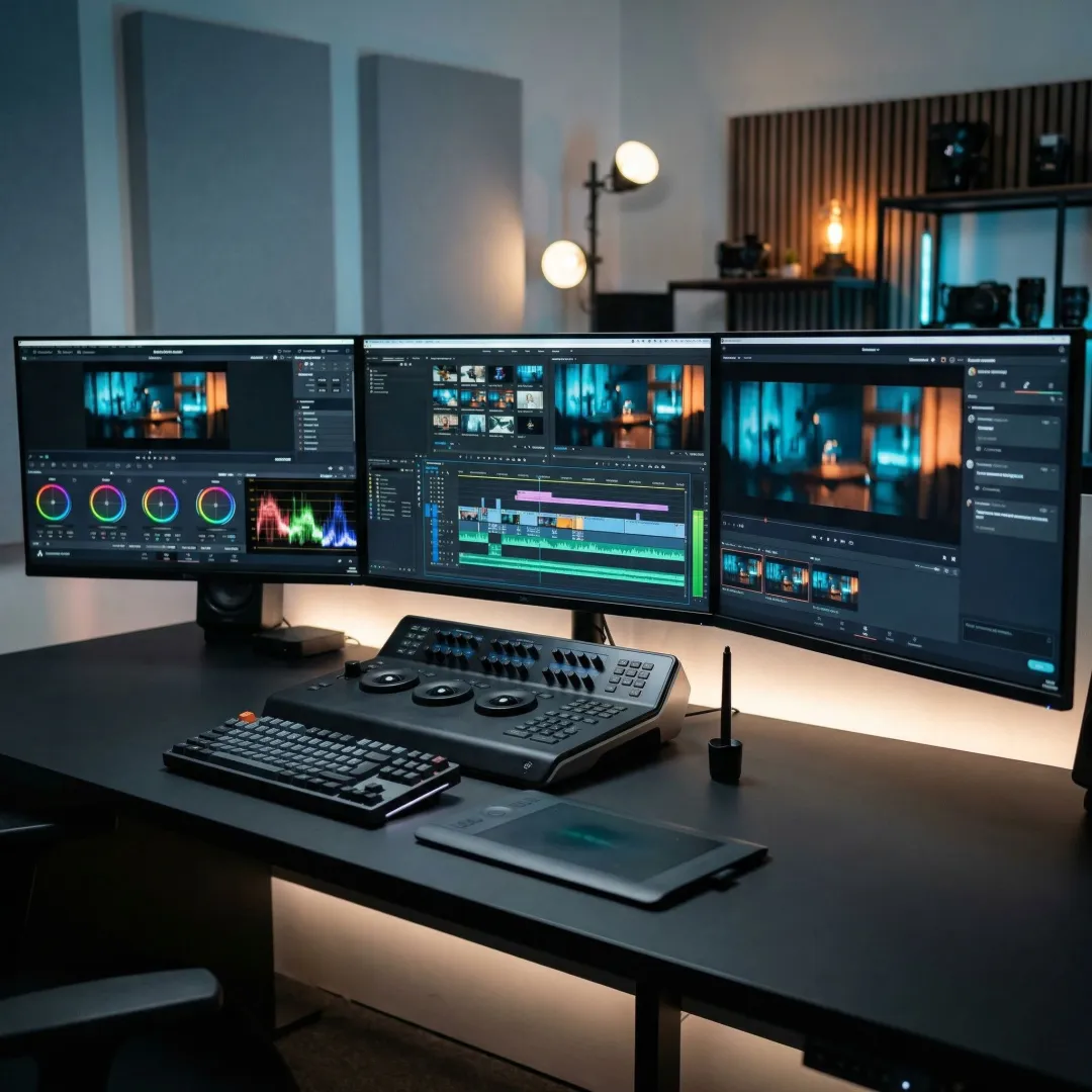 Remote post-production team collaborating on video editing workflow with shared timeline and review tools on screen.