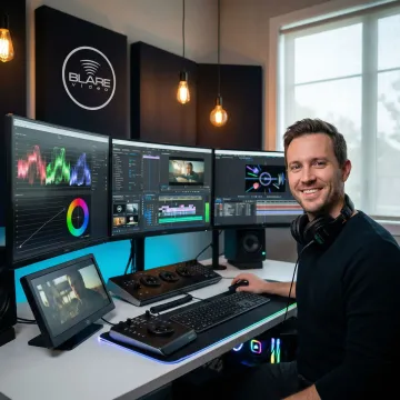 Video editor working remotely on post-production at a professional editing workstation with multiple monitors displaying color grading and timeline.
