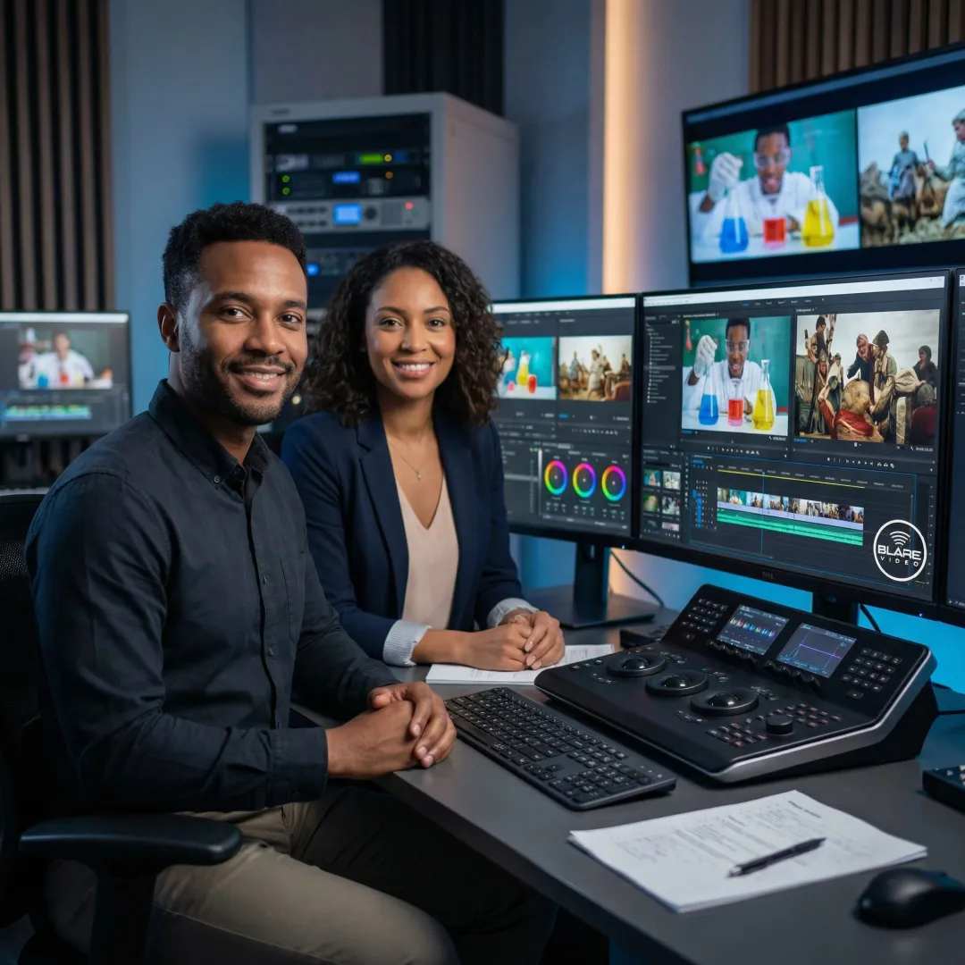 Video production team reviewing footage on a monitor during post-production for an educational video