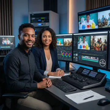 Video production team reviewing footage on a monitor during post-production for an educational video