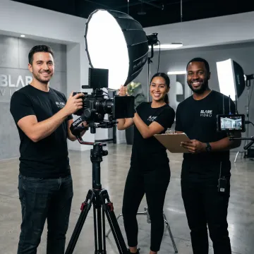 Professional video production crew setting up cameras and lighting on a corporate shoot
