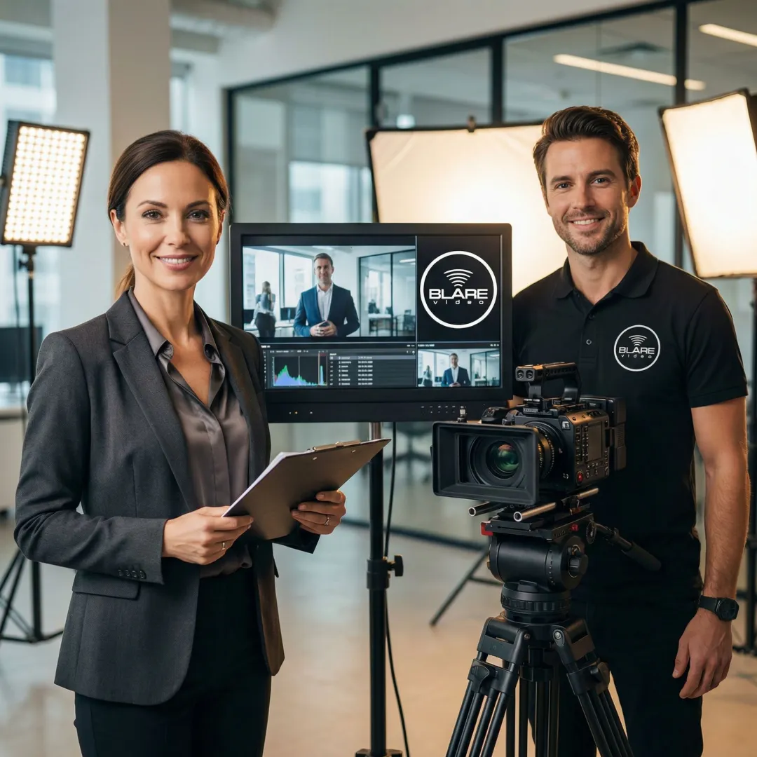Behind-the-scenes view of a video production team on a branded corporate shoot