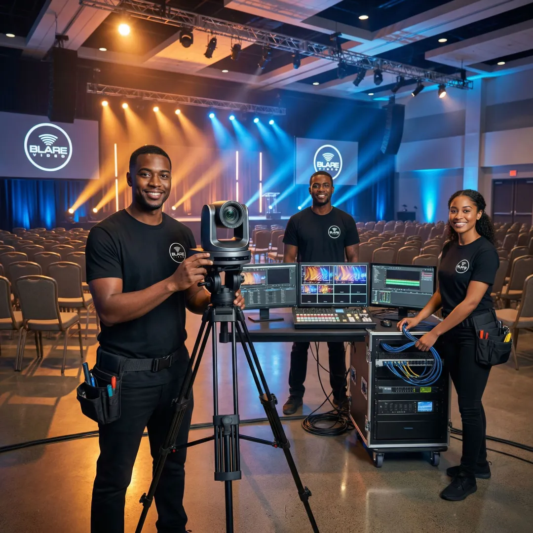 Video production crew setting up live streaming equipment at a conference venue