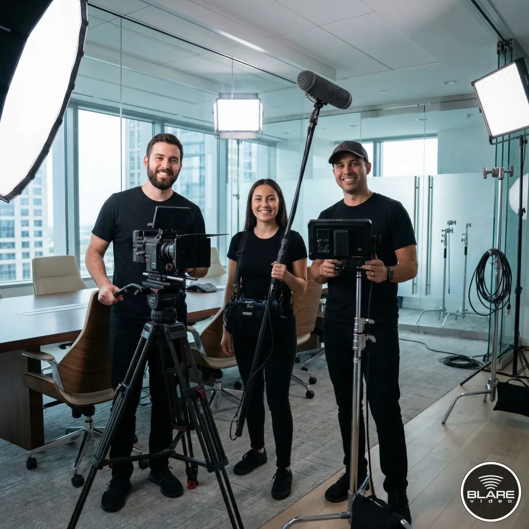 Video production crew operating cinema cameras and lighting at a corporate conference