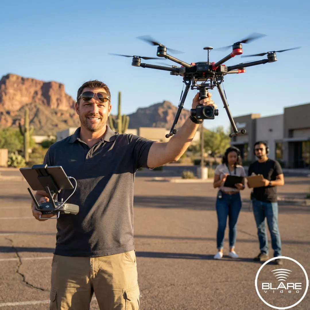 Drone pilot operating aerial drone on a sunny Phoenix production shoot