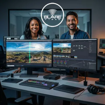 Production team reviewing 360 VR footage on monitors in a post-production suite