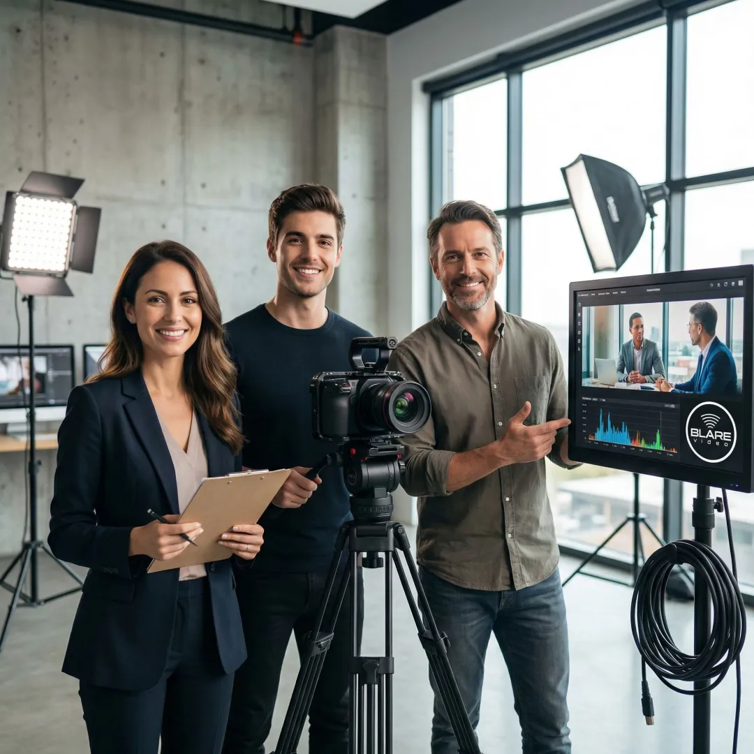 Video production team reviewing footage on monitors during a corporate shoot