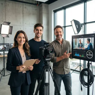 Video production team reviewing footage on monitors during a corporate shoot