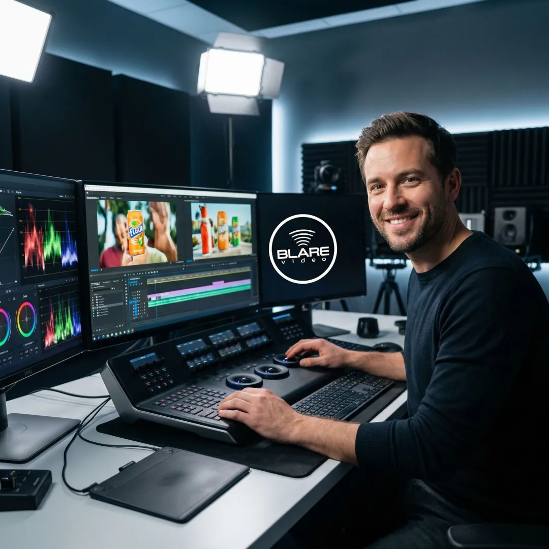 Video editor working on commercial footage in a professional post-production suite