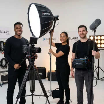 Affordable video production crew setting up cameras and lighting for a corporate shoot