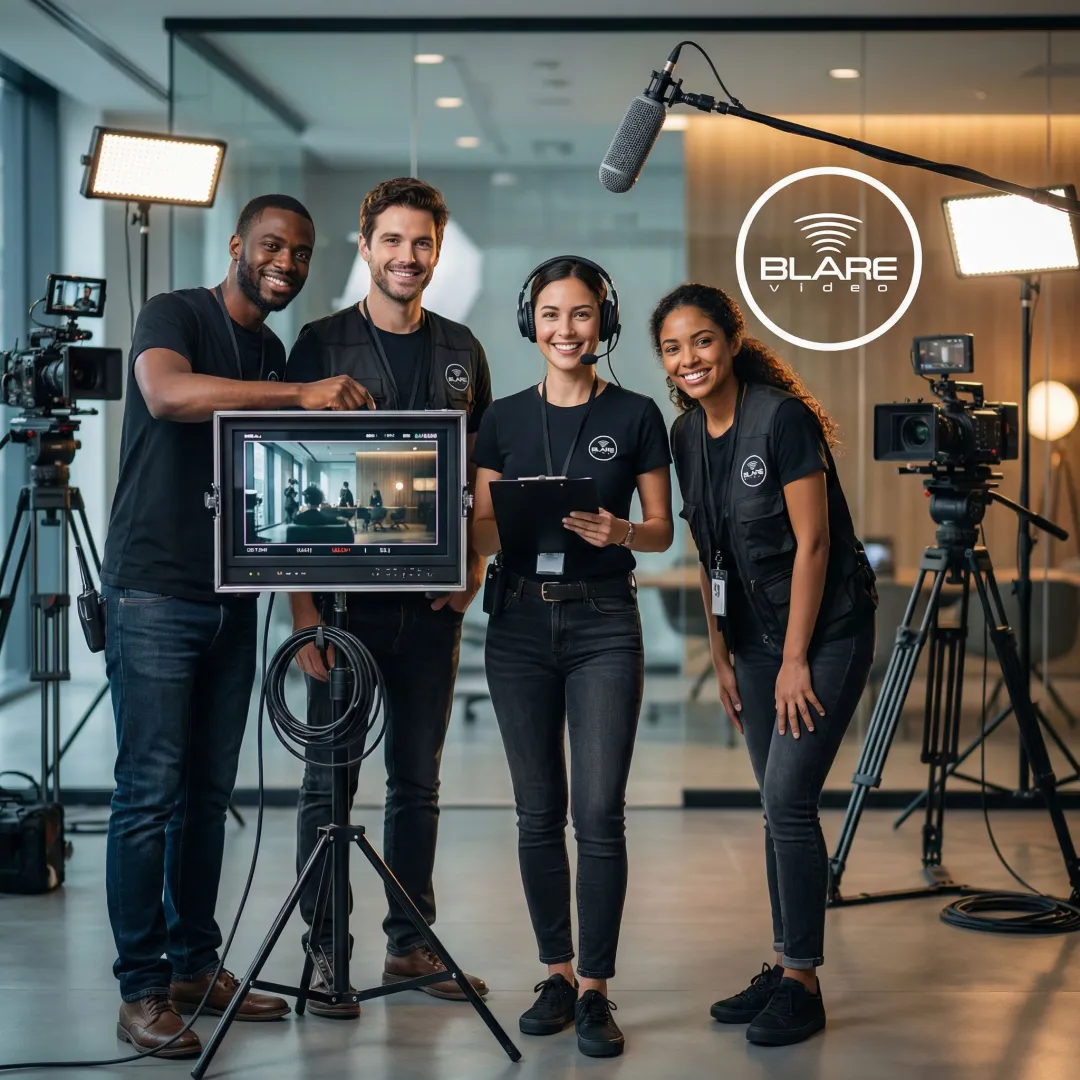 Video production team reviewing footage on monitor during a corporate shoot