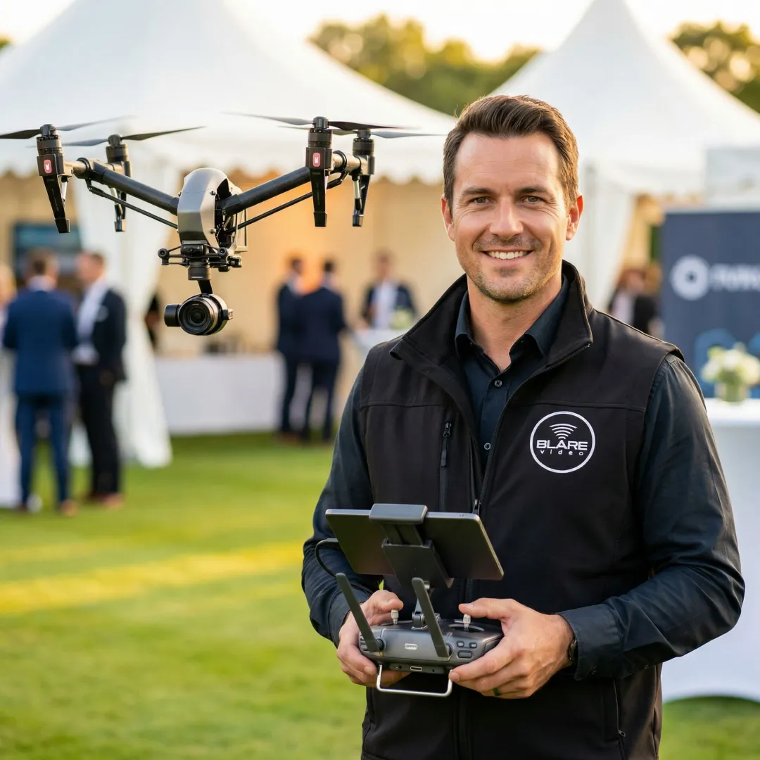 Drone pilot operating a professional camera drone at an outdoor event with venue in background