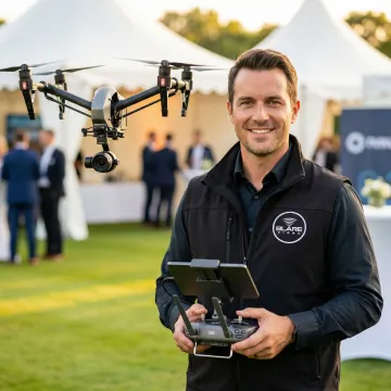 Drone pilot operating a professional camera drone at an outdoor event with venue in background