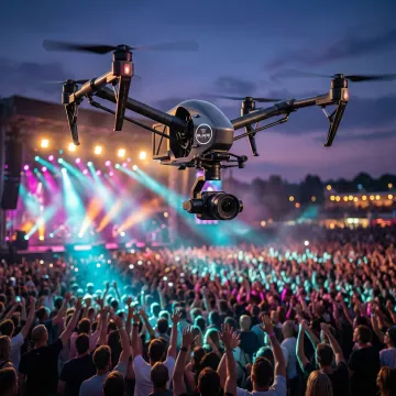Professional drone capturing aerial footage of a large outdoor event with crowds and stage lighting