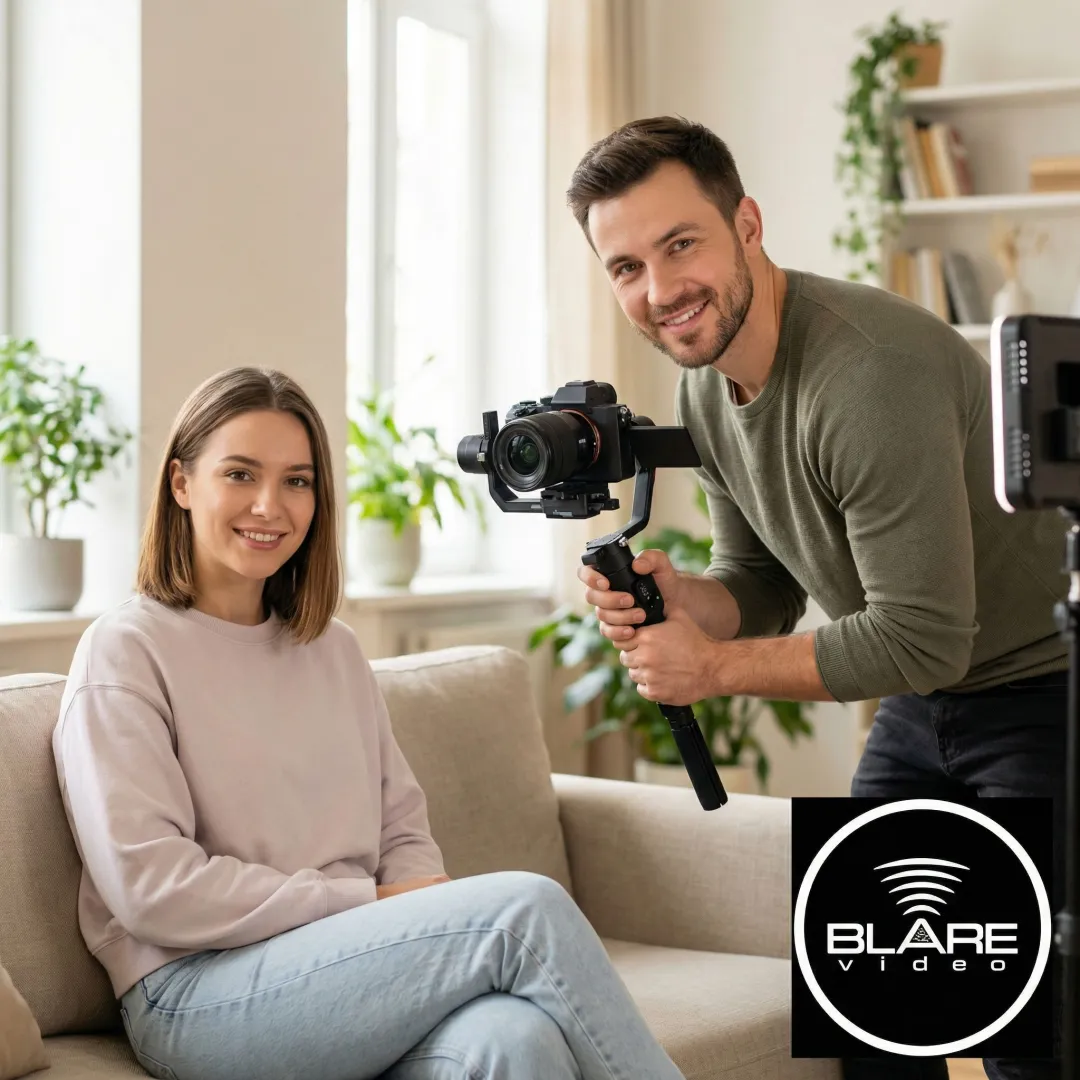 Professional videographer filming UGC-style brand content with a person speaking to camera