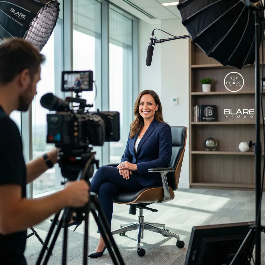 Professional testimonial video production shoot with a subject being interviewed on camera.