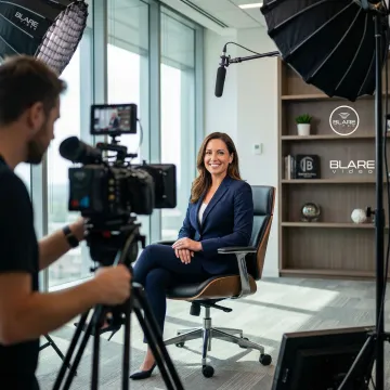 Professional testimonial video production shoot with a subject being interviewed on camera.