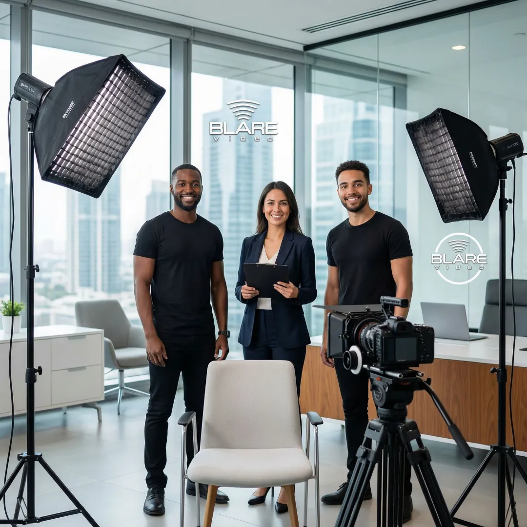 Video production crew setting up lighting and camera equipment for a testimonial interview shoot.