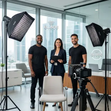 Video production crew setting up lighting and camera equipment for a testimonial interview shoot.