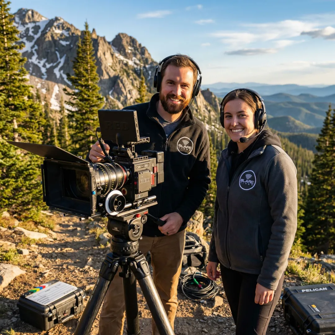 Video production crew setting up camera equipment at an outdoor mountain location