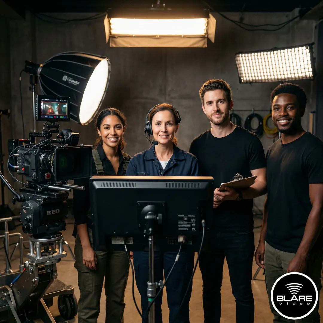 Video production team reviewing footage on a monitor during a film shoot