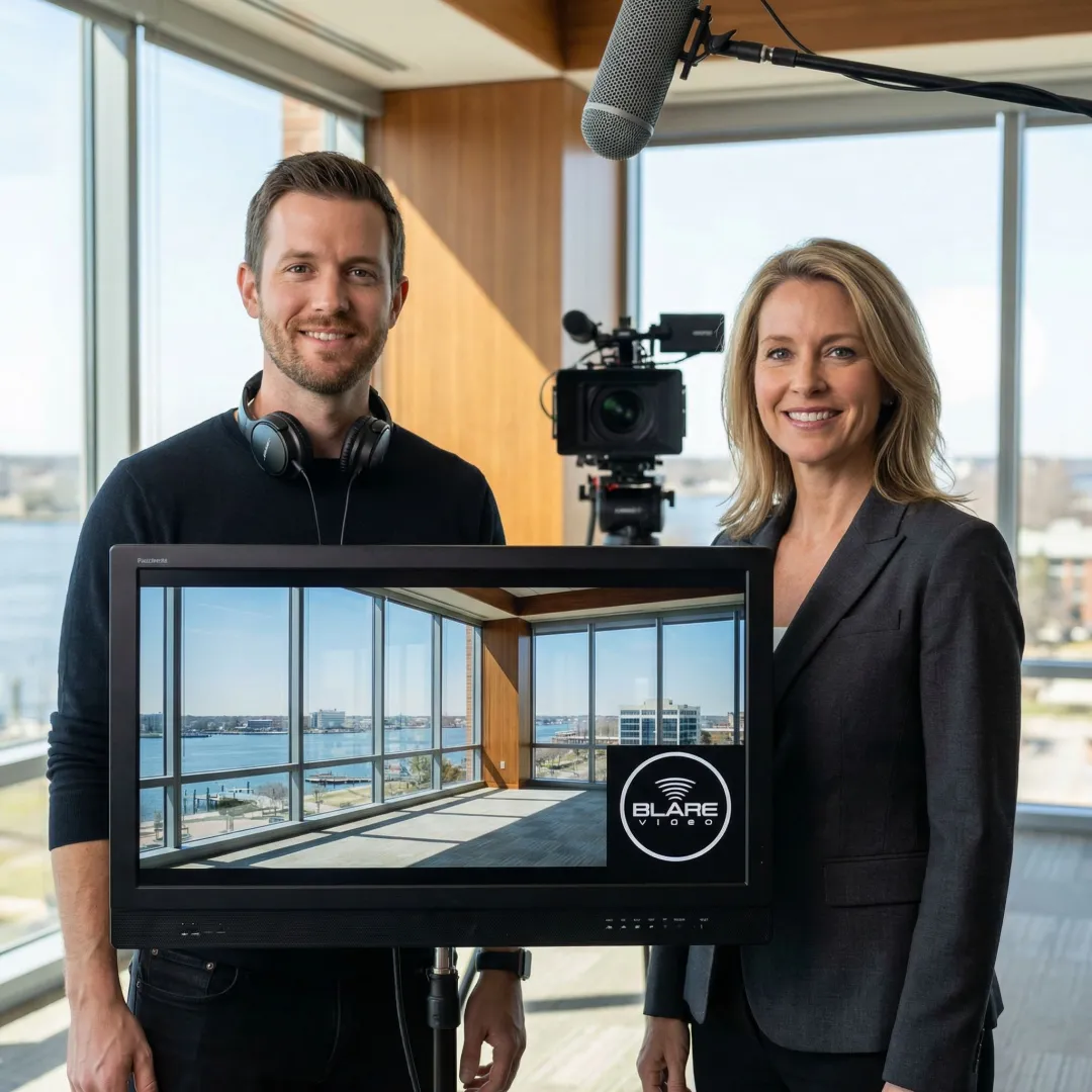 Corporate video director reviewing footage on a monitor during a Norfolk business shoot