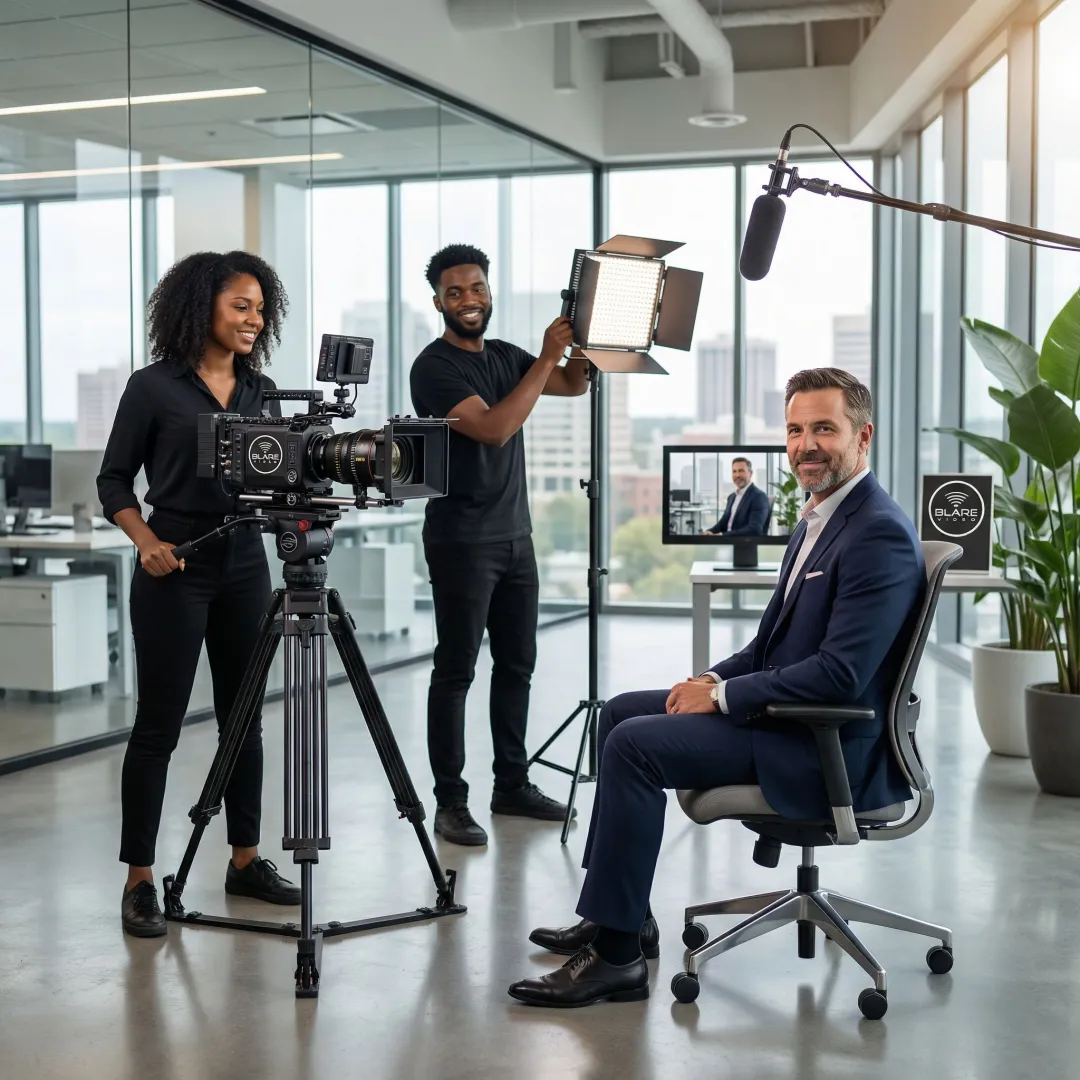 Corporate video production crew filming in a Norfolk, VA office setting