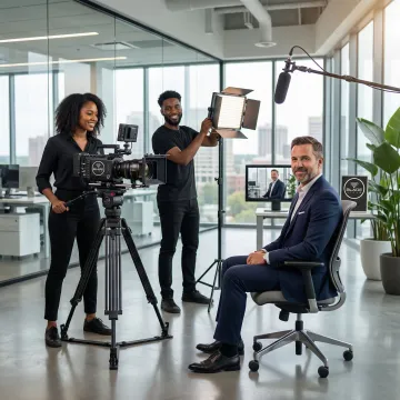 Corporate video production crew filming in a Norfolk, VA office setting
