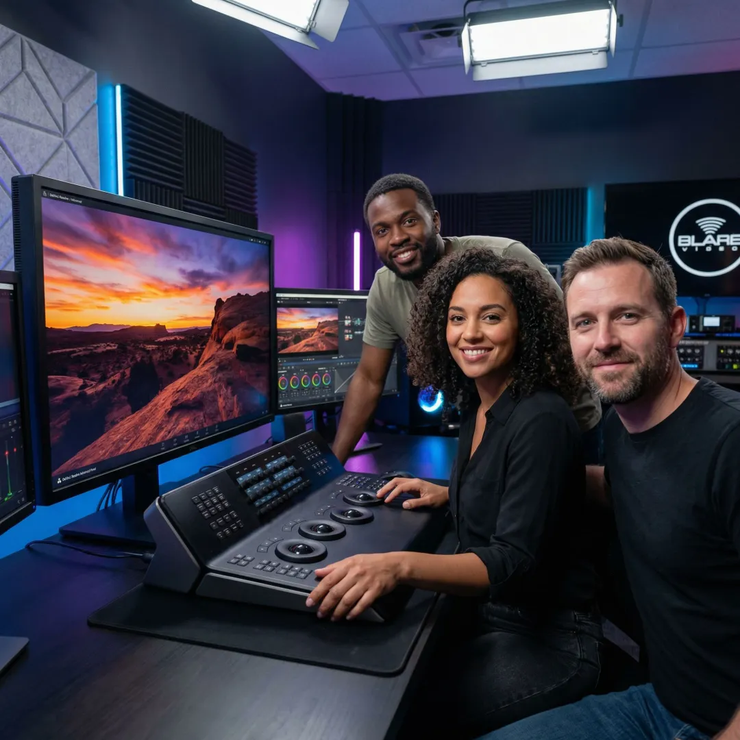 Post production team reviewing color graded commercial footage on professional monitors