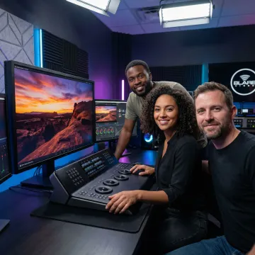 Post production team reviewing color graded commercial footage on professional monitors