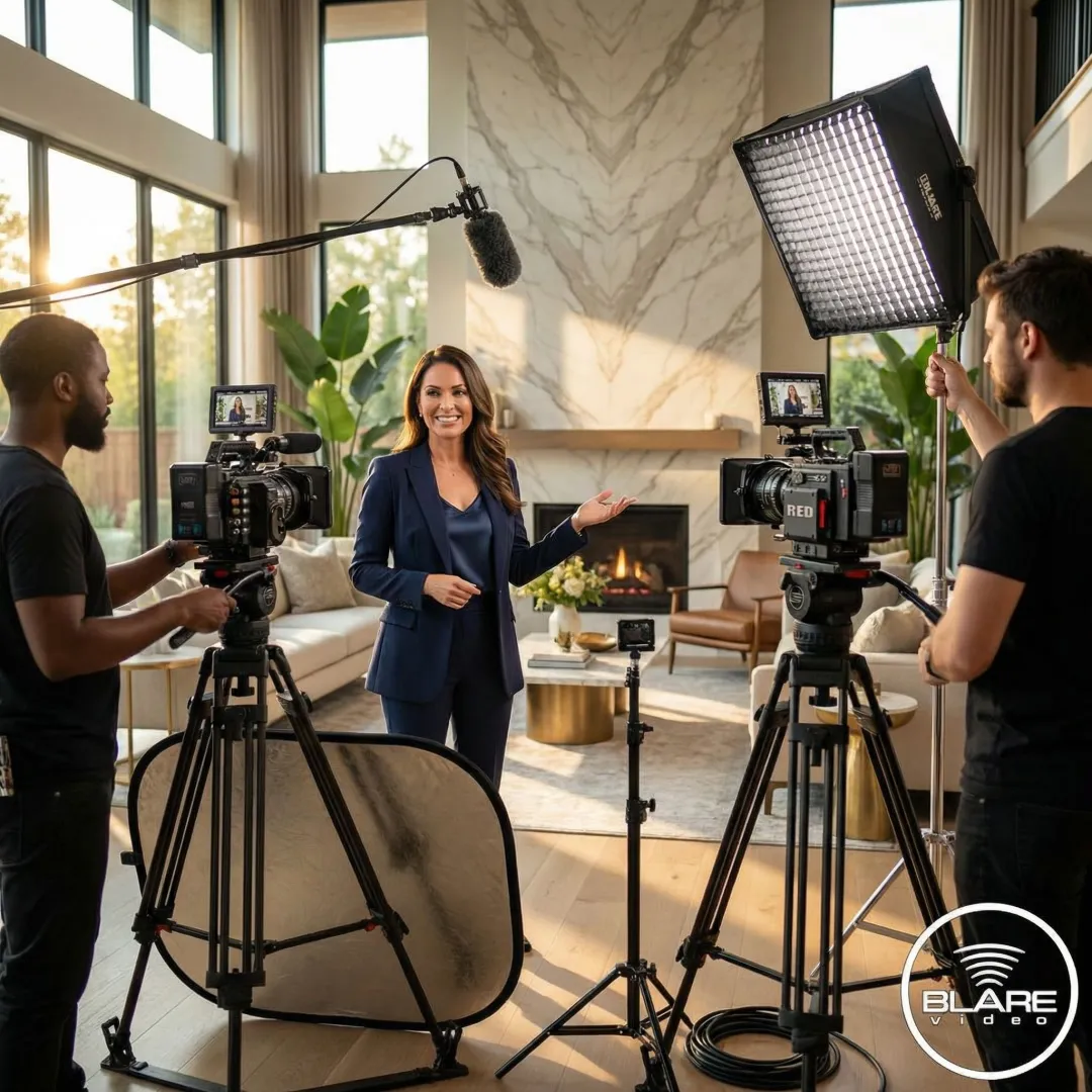 Video production crew filming a real estate agent at a luxury property