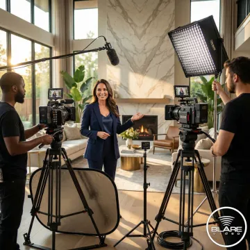 Video production crew filming a real estate agent at a luxury property