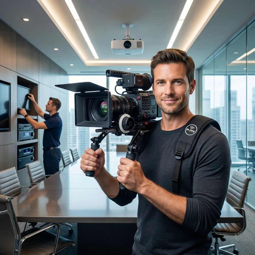 Professional videographer filming AV integration equipment in a corporate setting